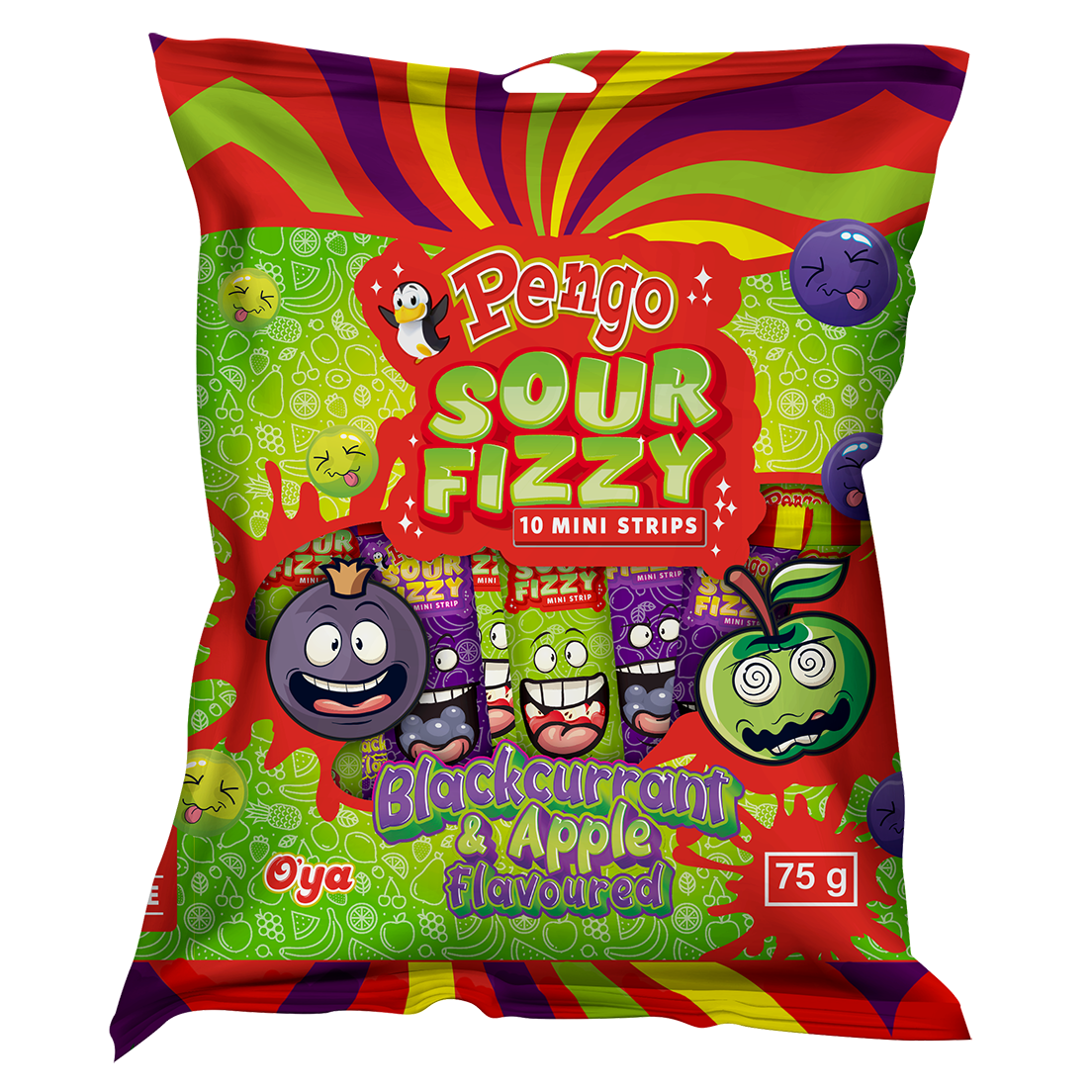 Pengo Sour Fizzy Mini Strips 75g Packet Blackcurrant & Apple